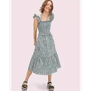 Kate Spade Gingham Voile Smocked Dress Ruffle Embroidered Women Summer Small